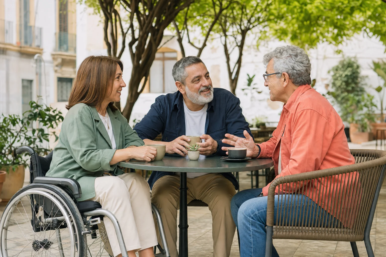 Personas conversando en una cafetería accesible